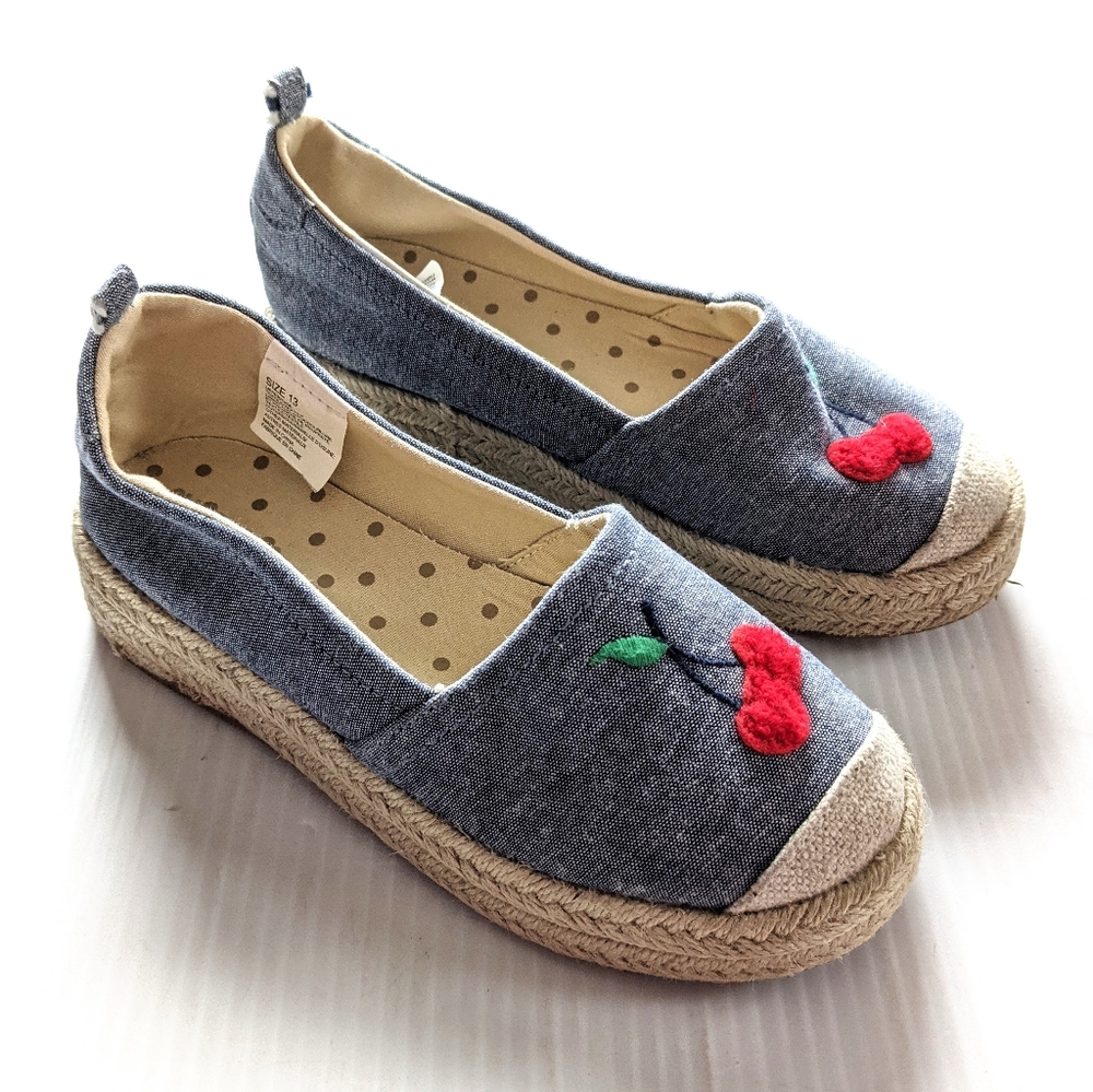 Gymboree Denim-Look Girls Slip-On Espadrilles with Red Cherry Accent
